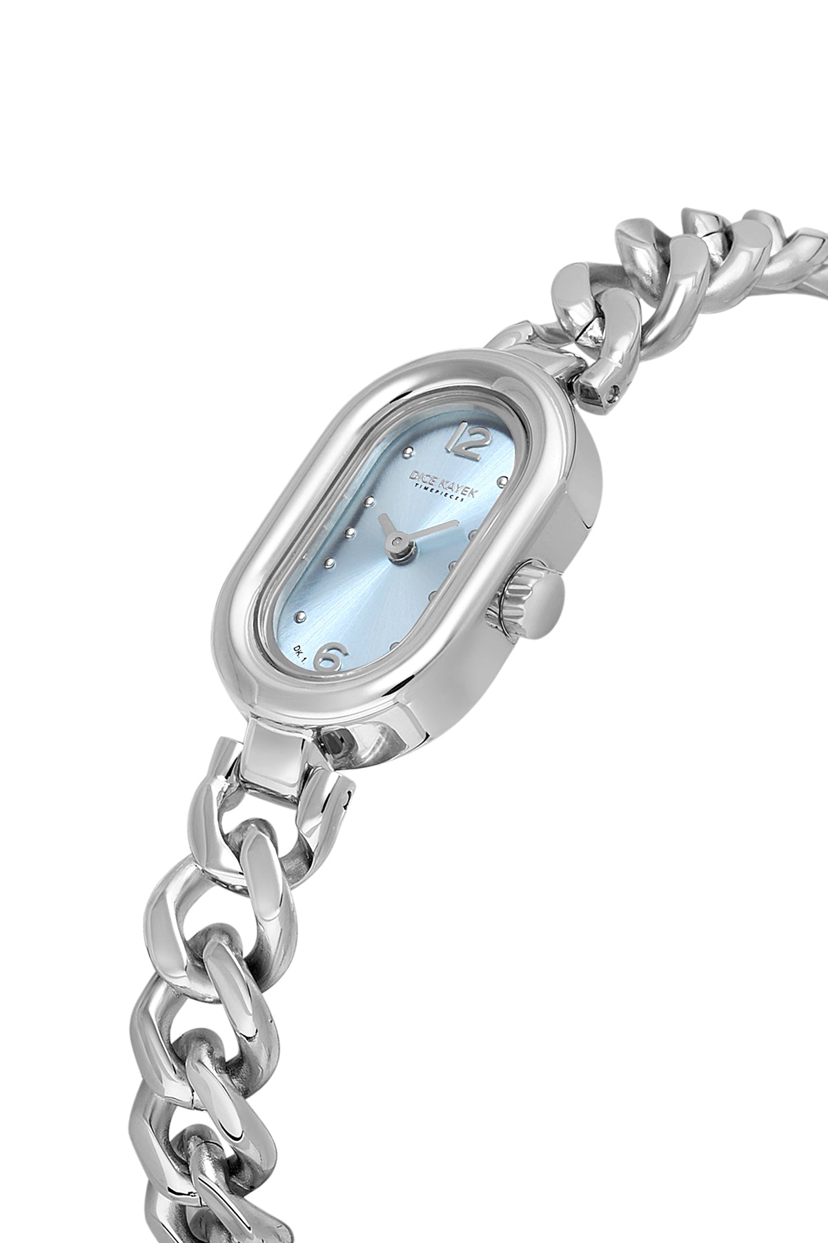 Dice Kayek AG1464.14 women's watch with light blue dial, silver-tone case and stainless steel bracelet – angled view