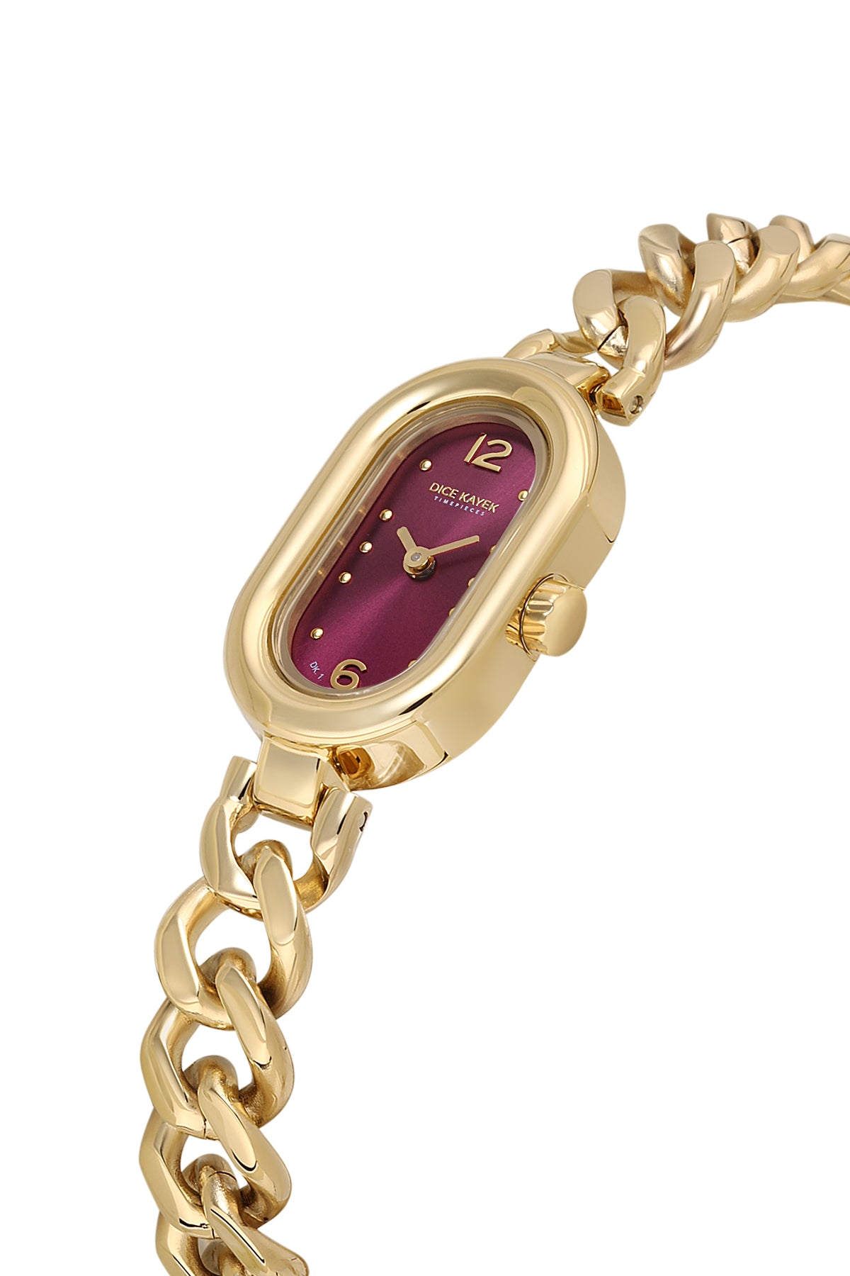 Dice Kayek AG1464.213 women's watch with burgundy dial, gold-tone case and stainless steel bracelet – angled view