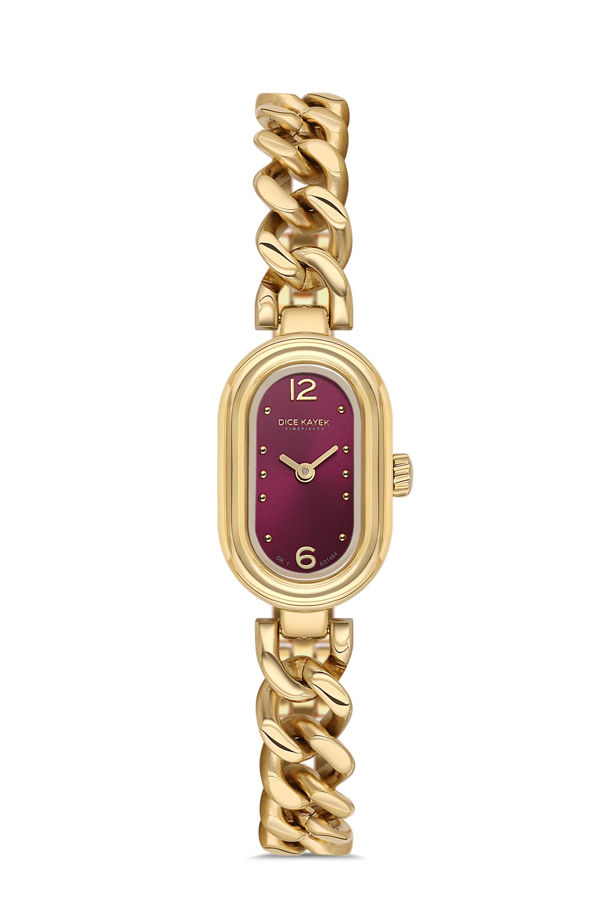Dice Kayek AG1464.213 women's watch with burgundy dial, gold-tone case and stainless steel bracelet – front view