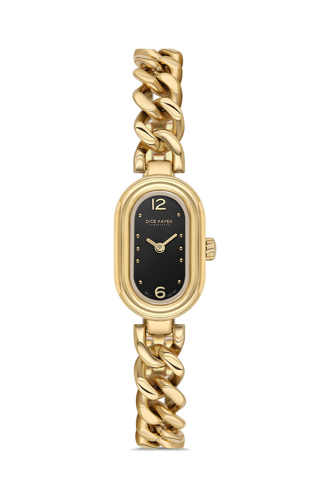 Dice Kayek AG1464.22 women's watch with black dial, gold-tone case and stainless steel bracelet – front view