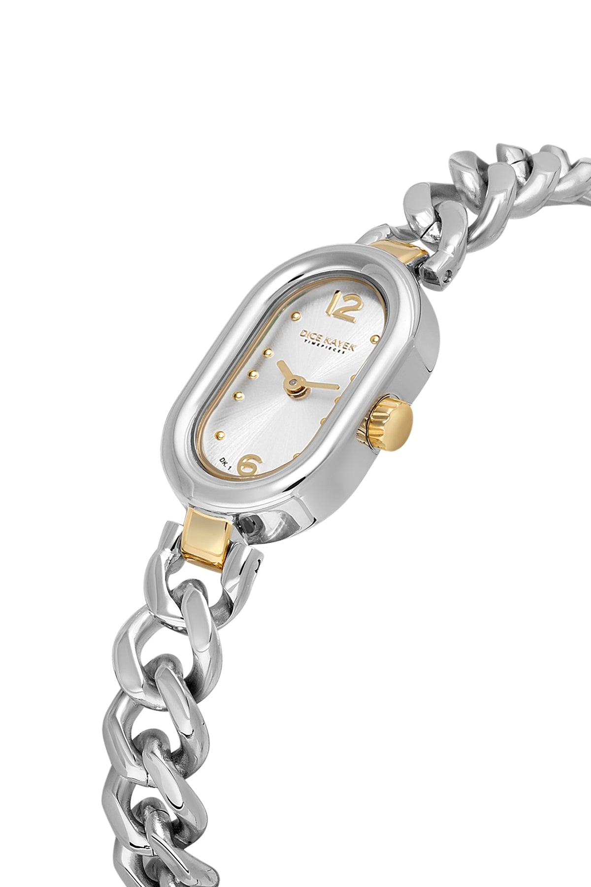 Dice Kayek AG1464.40 women's watch with silver dial, two-tone silver and gold case and stainless steel bracelet – angled view