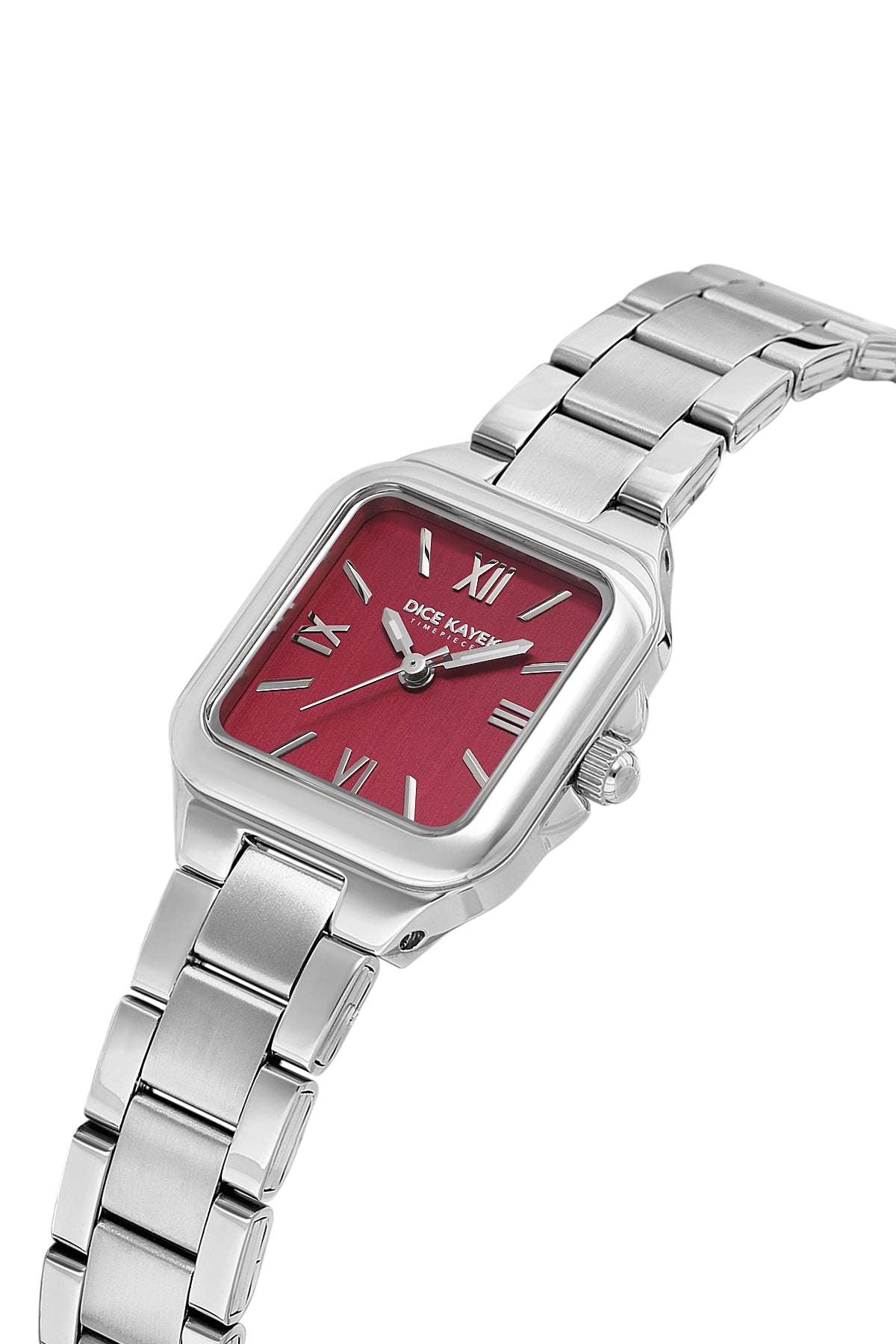 Dice Kayek AG1468.113 women's watch with burgundy dial, silver-tone case and stainless steel bracelet – angled view