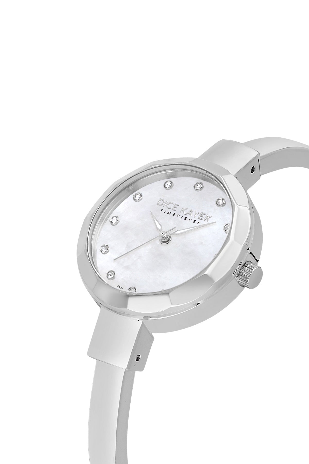Dice Kayek AG1472.10 women's watch with white mother-of-pearl dial, silver-tone case and stainless steel bracelet – angled view
