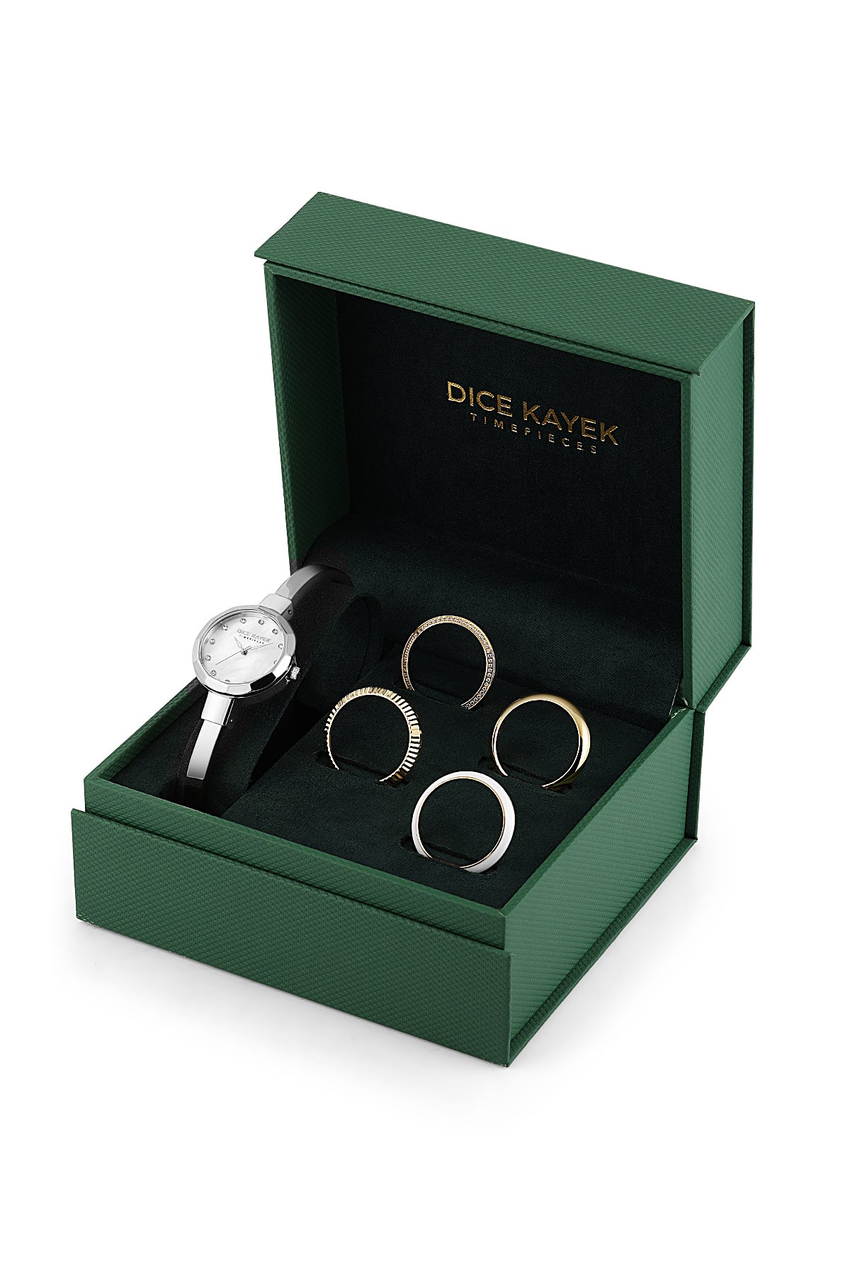 Dice Kayek AG1472.10 women's watch with white mother-of-pearl dial, silver-tone case and stainless steel bracelet – presentation box view