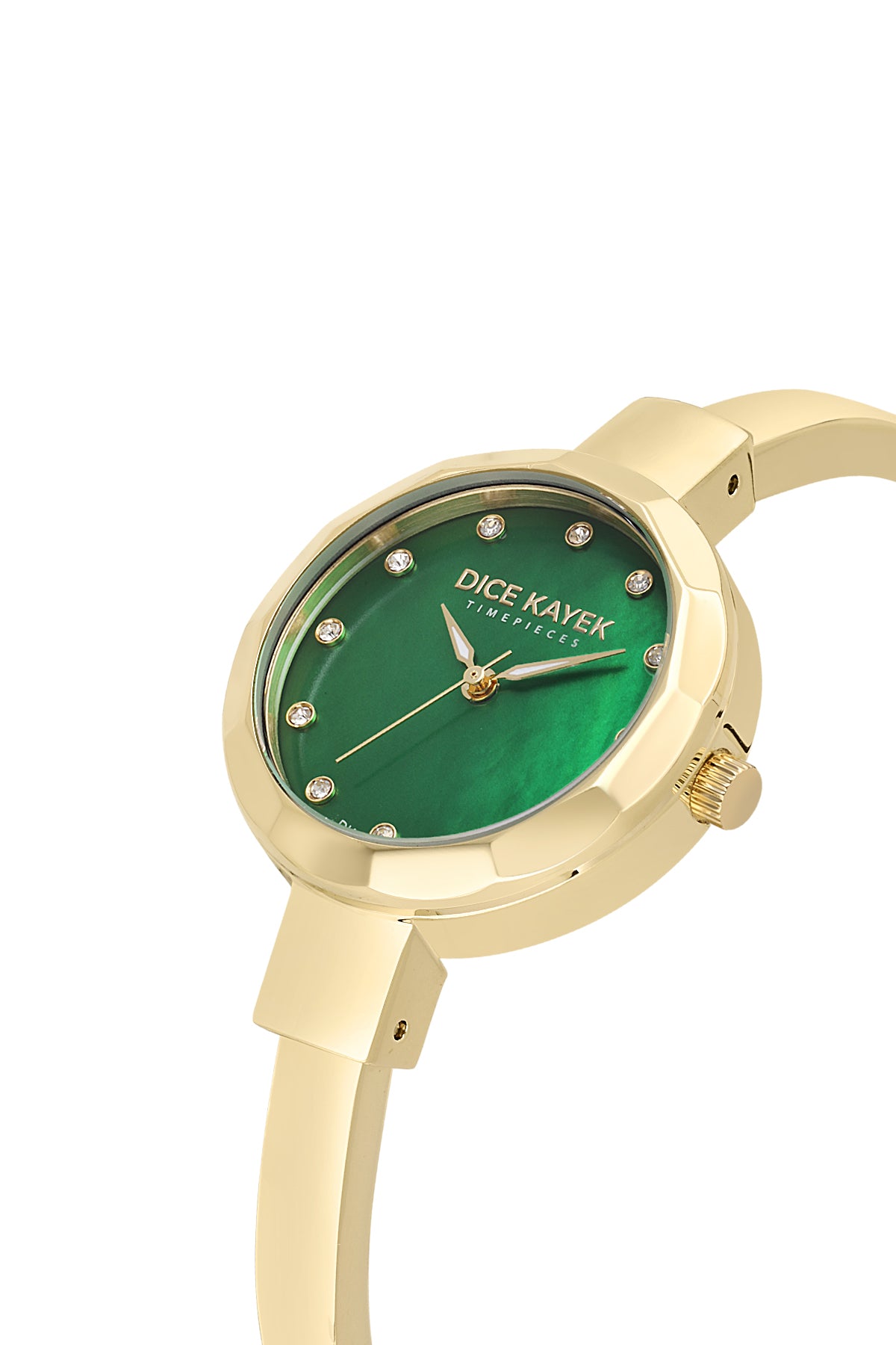 Dice Kayek AG1472.29 women's watch with green mother-of-pearl dial, gold-tone case and stainless steel bracelet – angled view