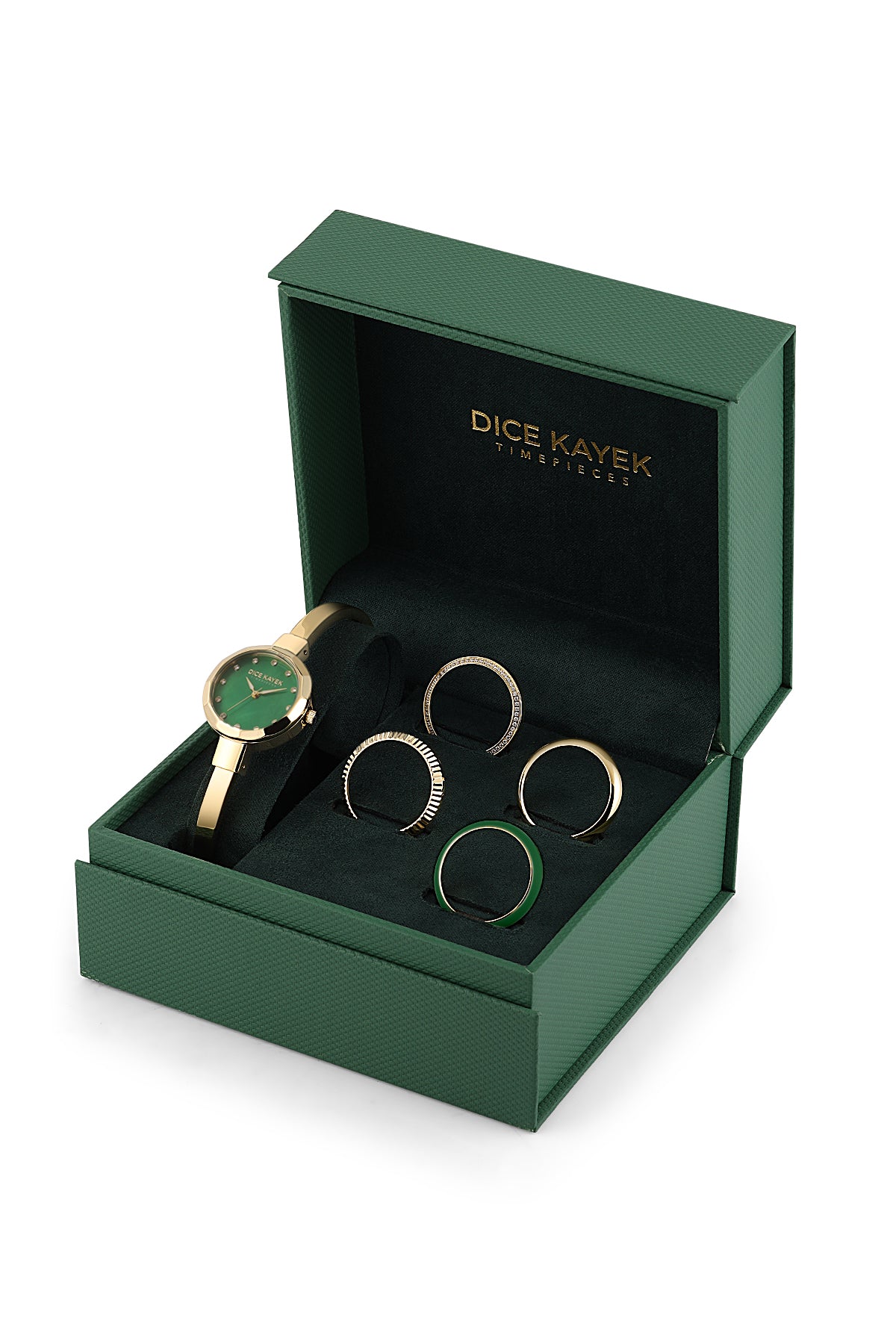 Dice Kayek AG1472.29 women's watch with green mother-of-pearl dial, gold-tone case and stainless steel bracelet – presentation box view