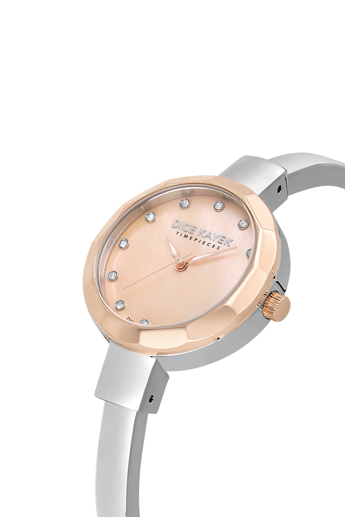 Dice Kayek AG1472.56 women's watch with rose mother-of-pearl dial, two-tone silver and rose gold case and stainless steel bracelet – angled view