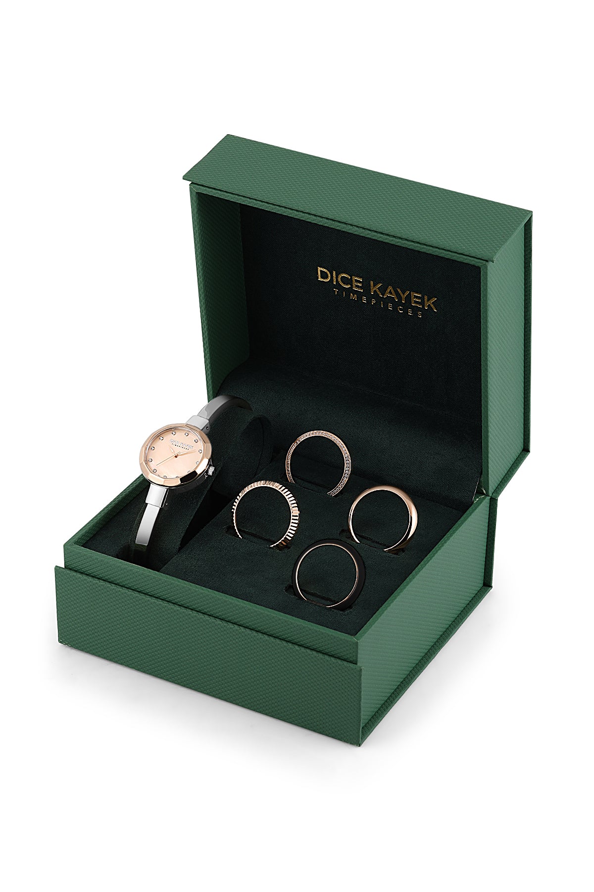 Dice Kayek AG1472.56 women's watch with rose mother-of-pearl dial, two-tone silver and rose gold case and stainless steel bracelet – presentation box view