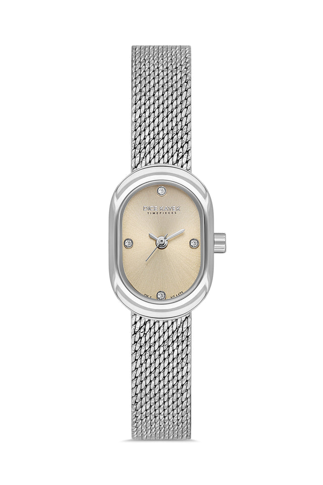 Dice Kayek AG1473.18 women's watch with champagne dial, silver-tone case and stainless steel mesh bracelet – front view