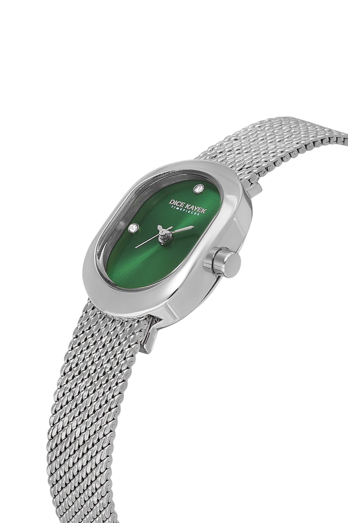 Dice Kayek AG1473.19 women's watch with green dial, silver-tone case and stainless steel mesh bracelet – angled view