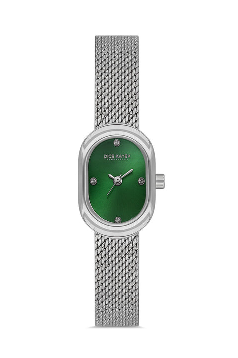 Dice Kayek AG1473.19 women's watch with green dial, silver-tone case and stainless steel mesh bracelet – front view