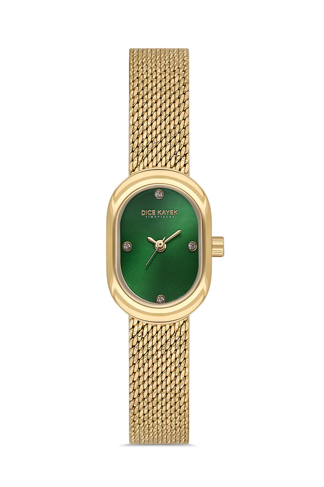 Dice Kayek AG1473.29 women's watch with green dial, gold-tone case and stainless steel mesh bracelet – front view