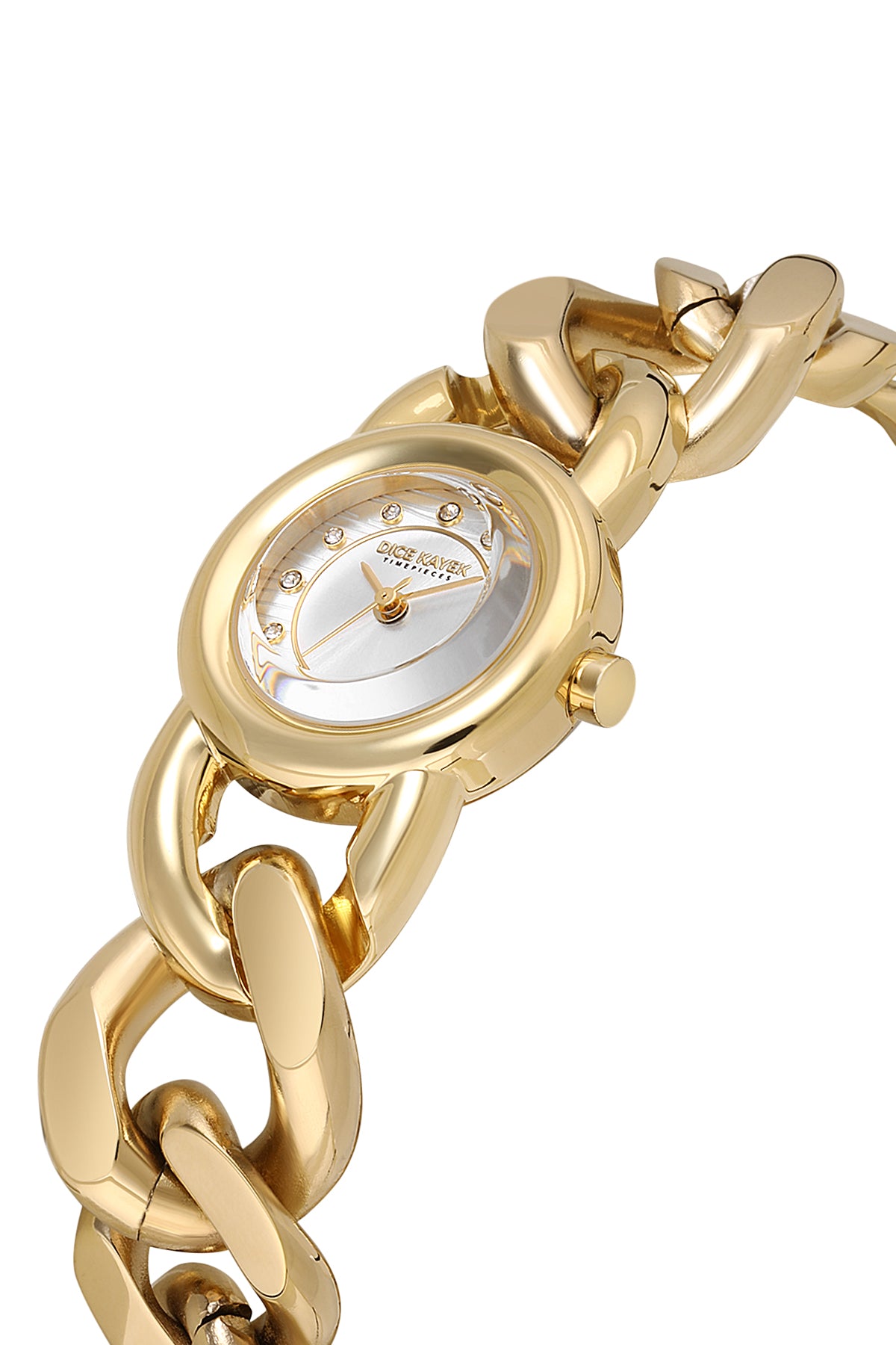 Dice Kayek AG1474.20 women's watch with silver dial, gold-tone case and stainless steel bracelet – angled view