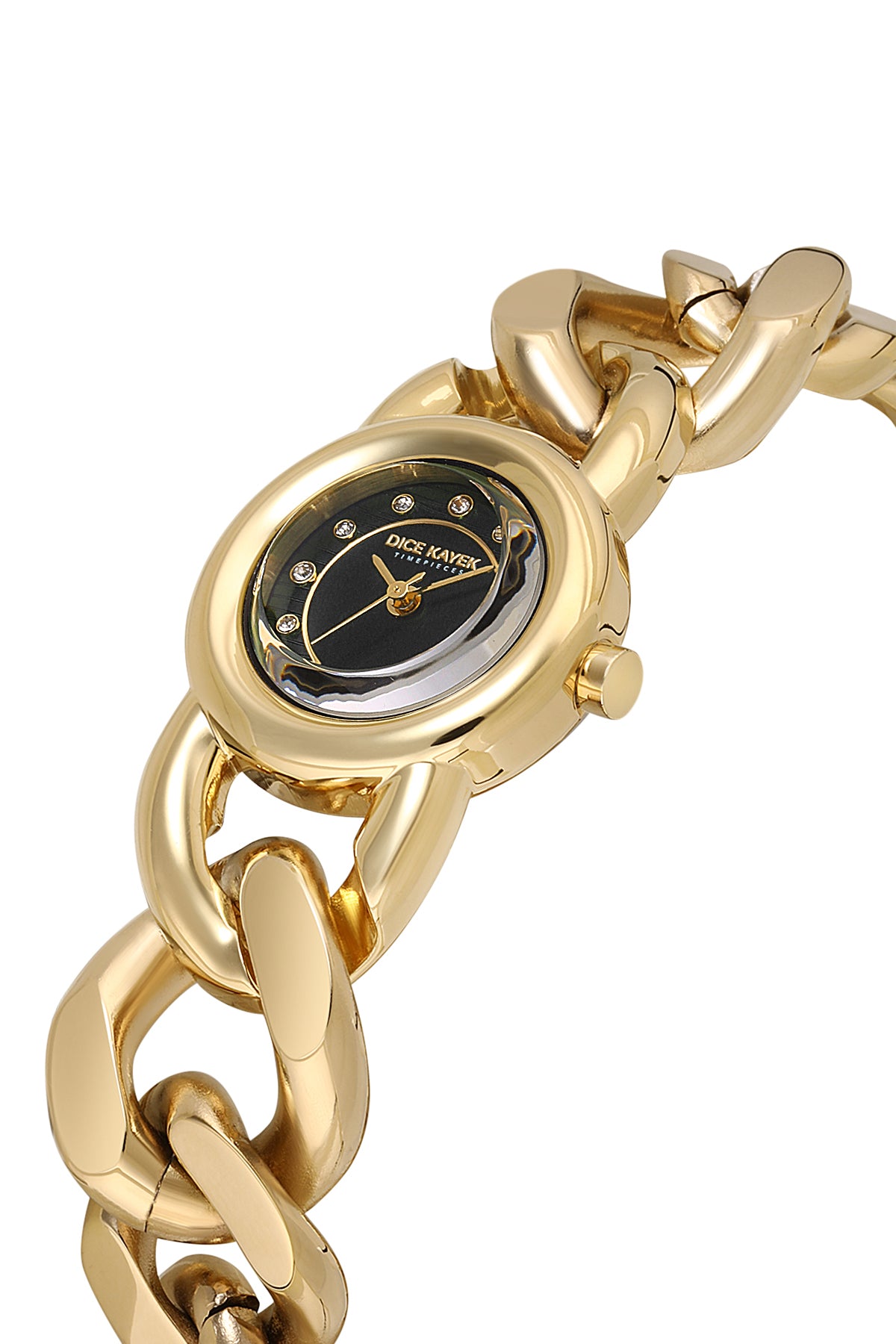 Dice Kayek AG1474.22 women's watch with black dial, gold-tone case and stainless steel bracelet – angled view