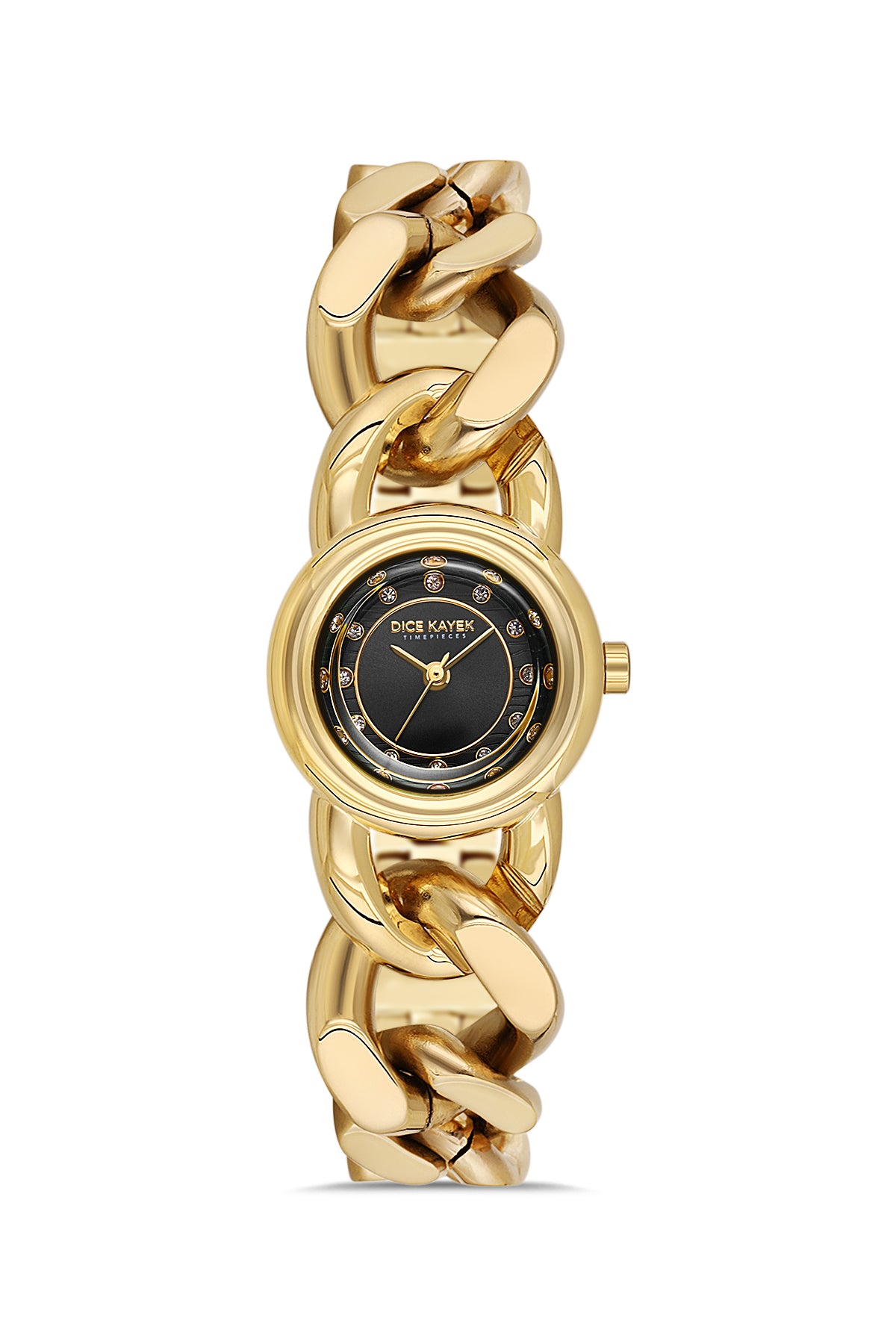 Dice Kayek AG1474.22 women's watch with black dial, gold-tone case and stainless steel bracelet – front view