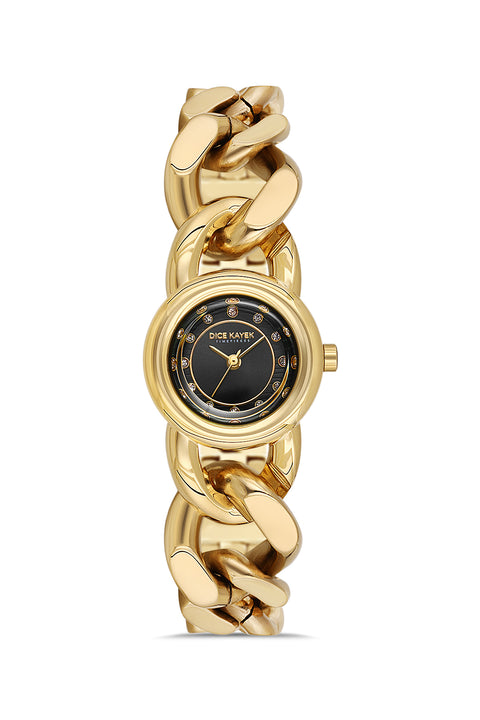 Dice Kayek AG1474.22 women's watch with black dial, gold-tone case and stainless steel bracelet – front view