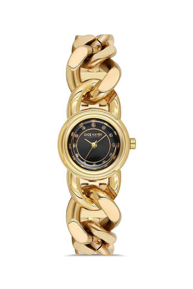 Dice Kayek AG1474.22 women's watch with black dial, gold-tone case and stainless steel bracelet – front view