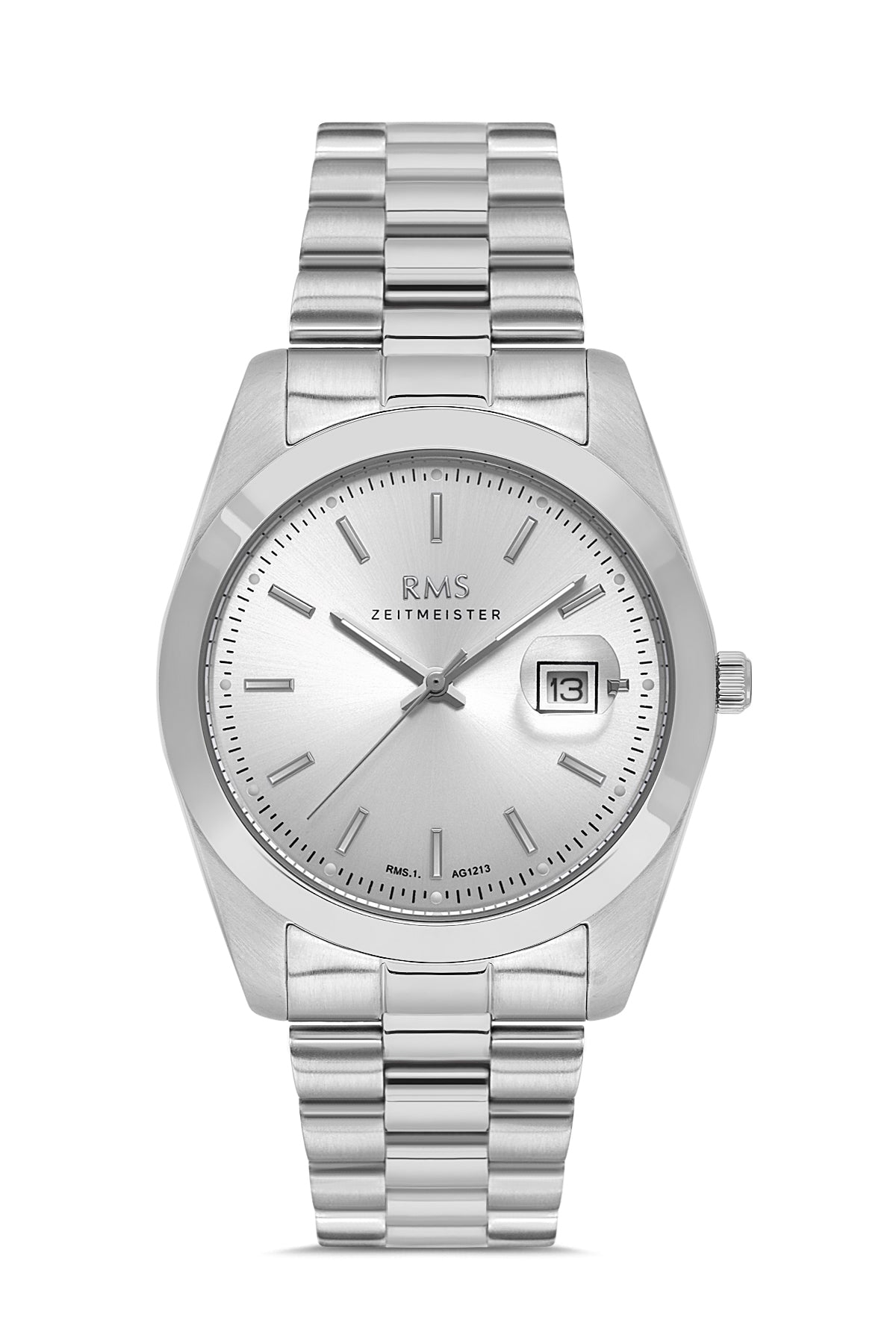 RMS Zeitmeister AG1213.10 men's watch with silver dial, silver-tone case and stainless steel bracelet – front view