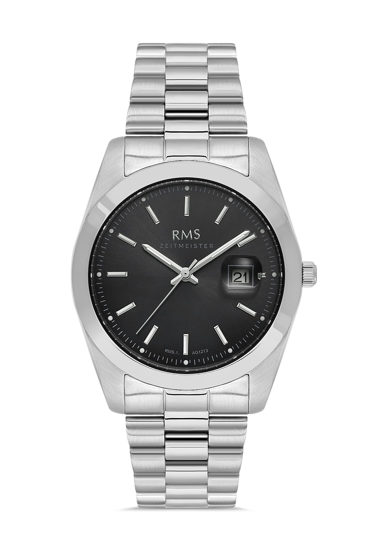 RMS Zeitmeister AG1213.12 men's watch with black dial, silver-tone case and stainless steel bracelet – front view