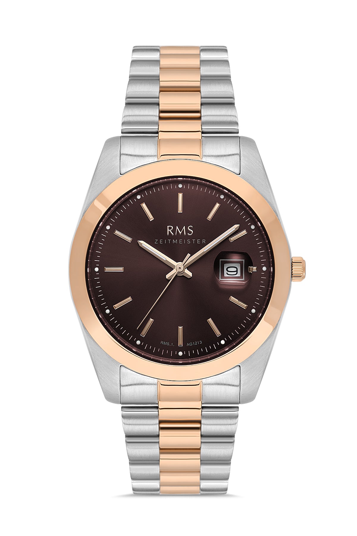 RMS Zeitmeister AG1213.18 men's watch with brown dial, two-tone rose gold case and stainless steel bracelet – front view