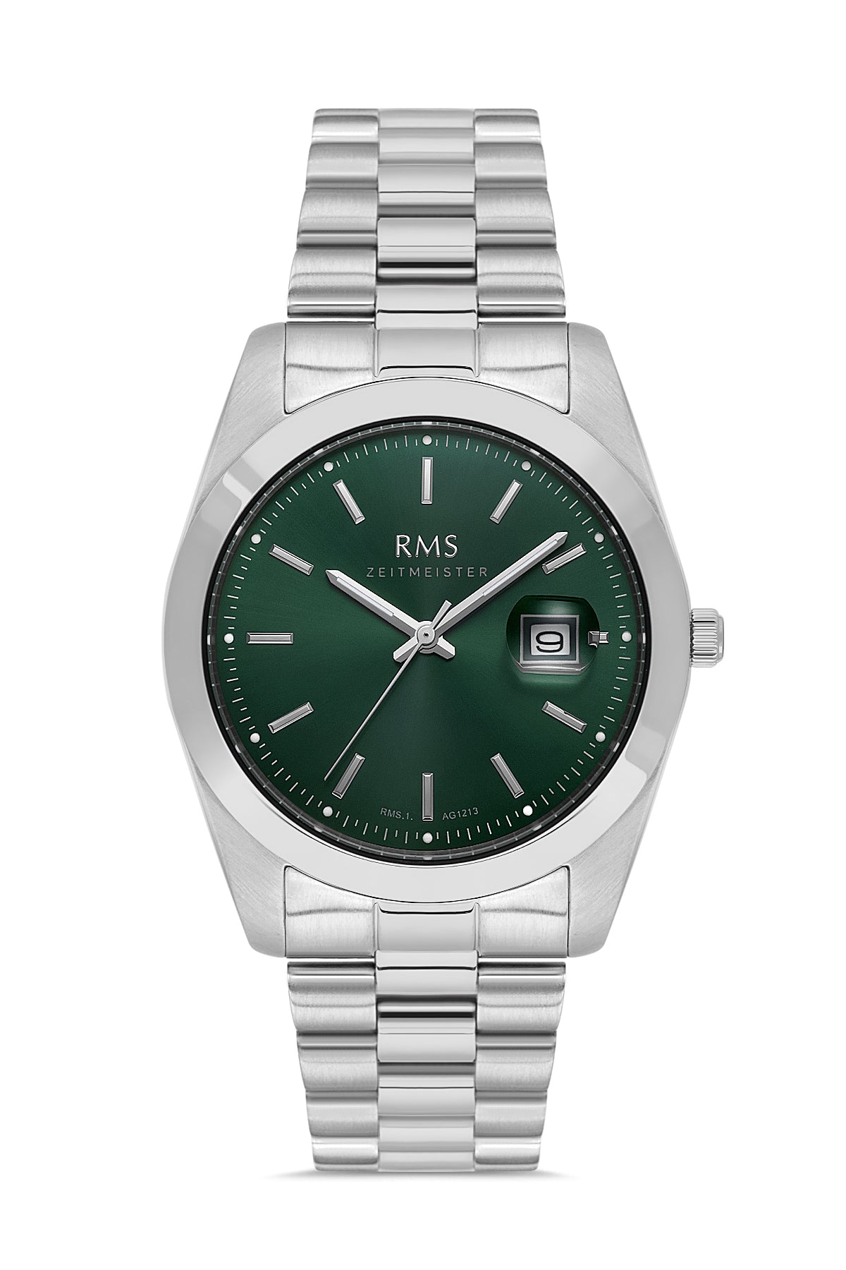 RMS Zeitmeister AG1213.19 men's watch with green dial, silver-tone case and stainless steel bracelet – front view