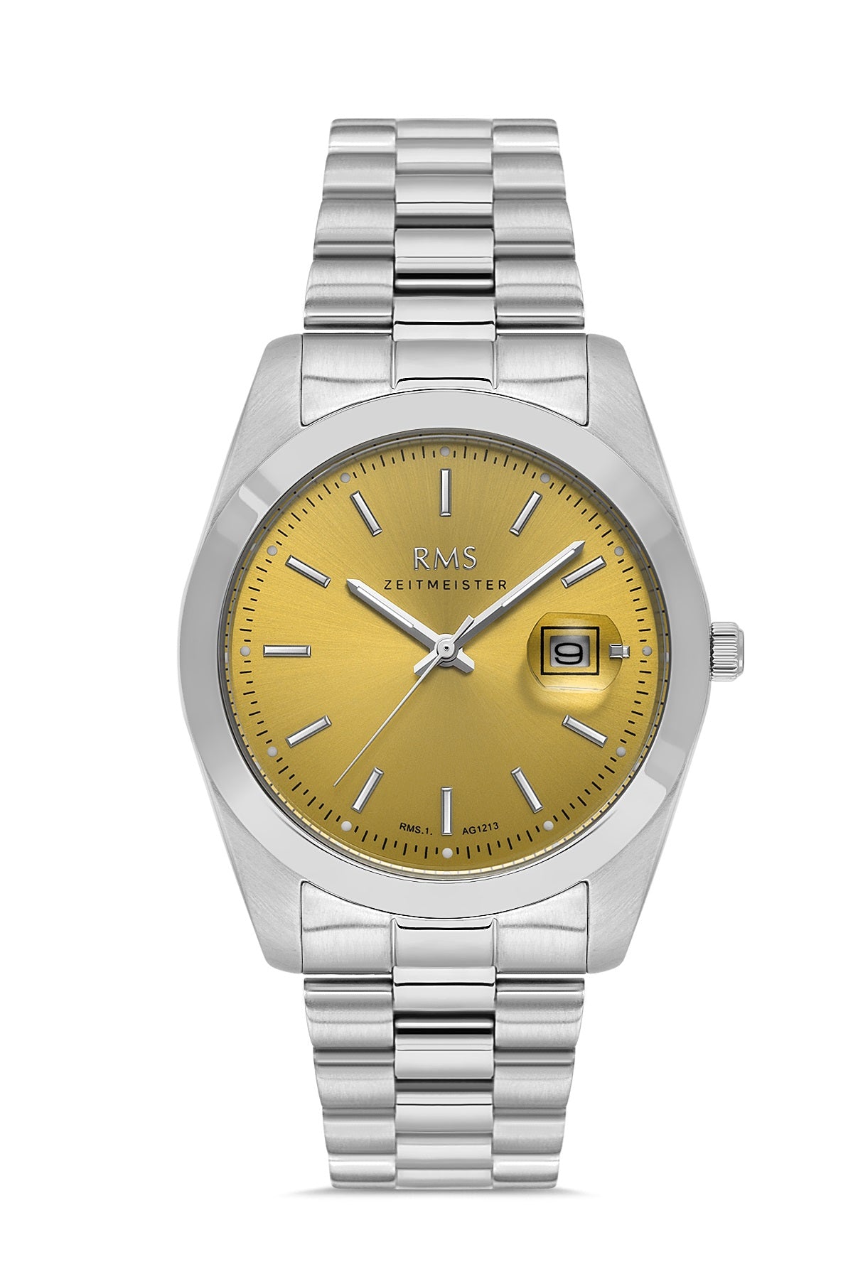 RMS Zeitmeister AG1213.23 men's watch with yellow dial, silver-tone case and stainless steel bracelet – front view