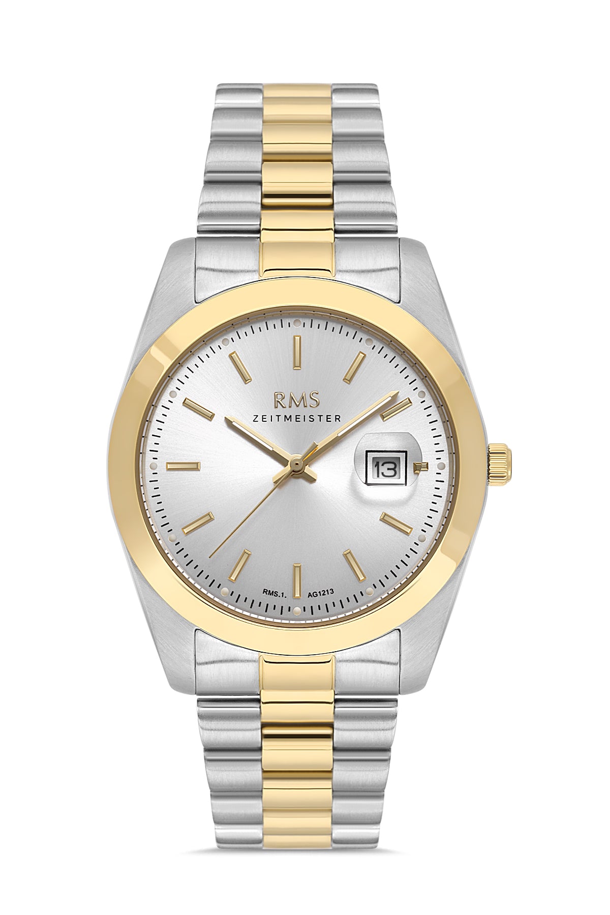 RMS Zeitmeister AG1213.40 men's watch with silver dial, two-tone case and stainless steel bracelet – front view