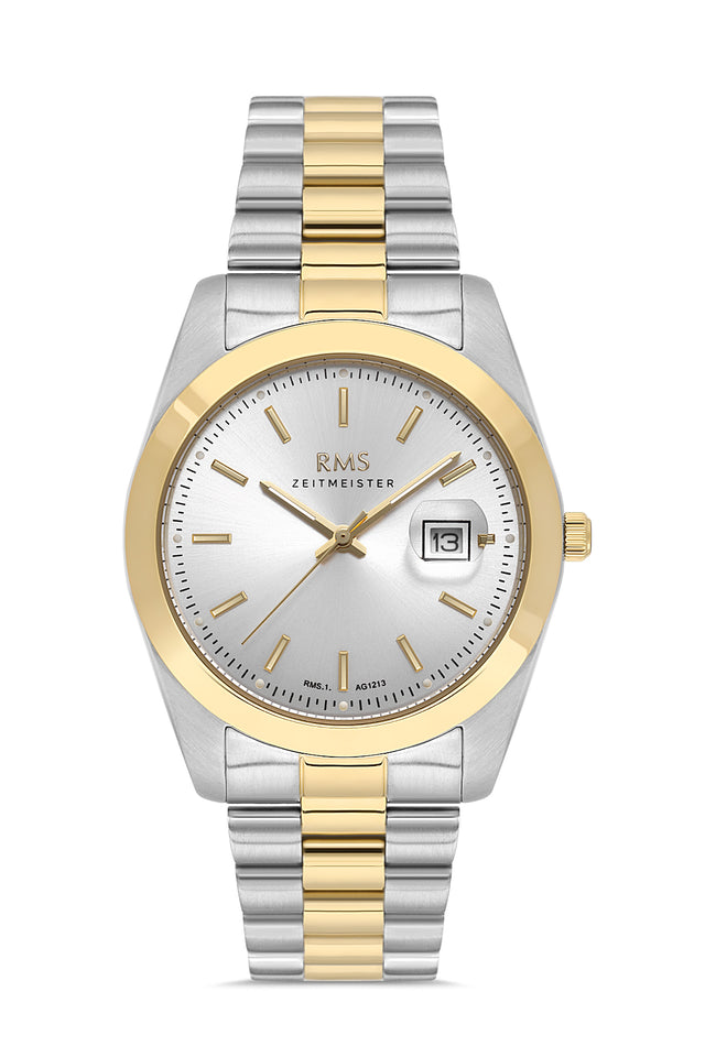 RMS Zeitmeister AG1213.40 men's watch with silver dial, two-tone case and stainless steel bracelet – front view