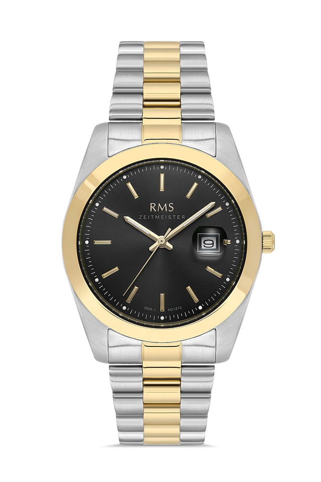RMS Zeitmeister AG1213.42 men's watch with black dial, two-tone case and stainless steel bracelet – front view