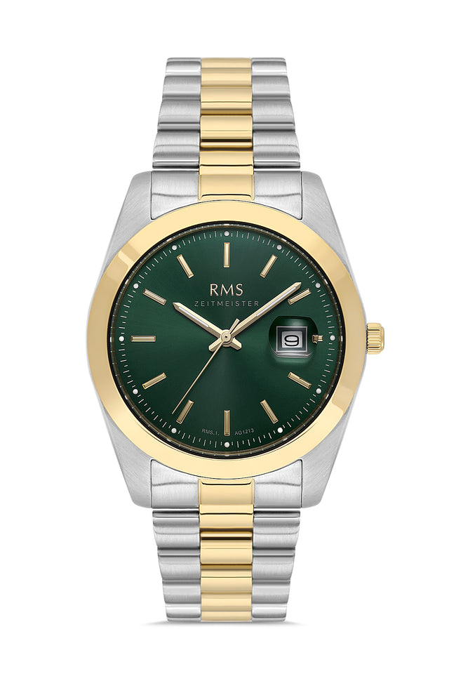 RMS Zeitmeister AG1213.49 men's watch with green dial, two-tone case and stainless steel bracelet – front view