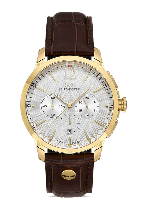 RMS Zeitmeister AG1259.160 men's chronograph watch with silver dial, gold-tone case and brown genuine leather strap – front view