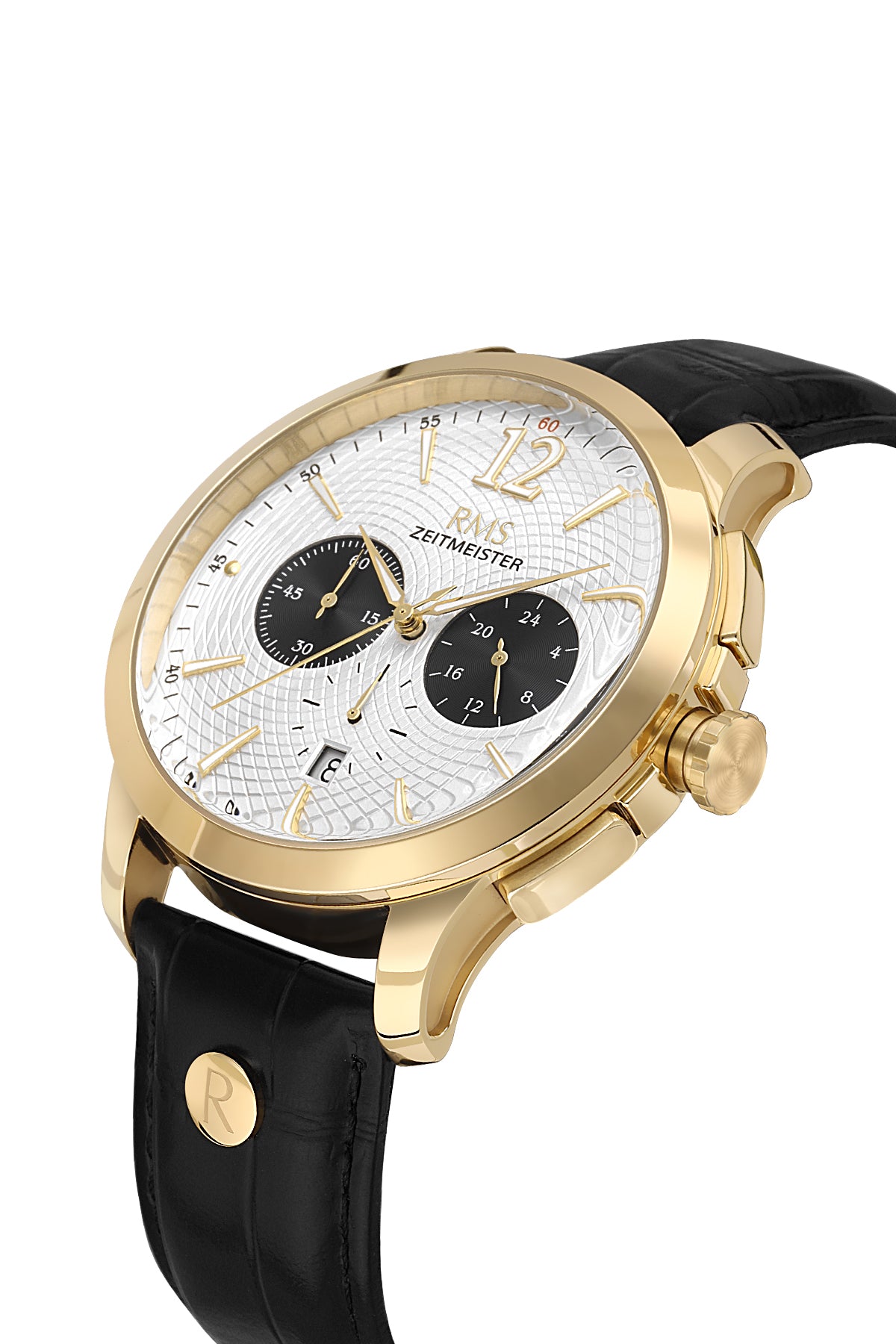 RMS Zeitmeister AG1259.170 men's chronograph watch with silver dial, gold-tone case and black genuine leather strap – angled view