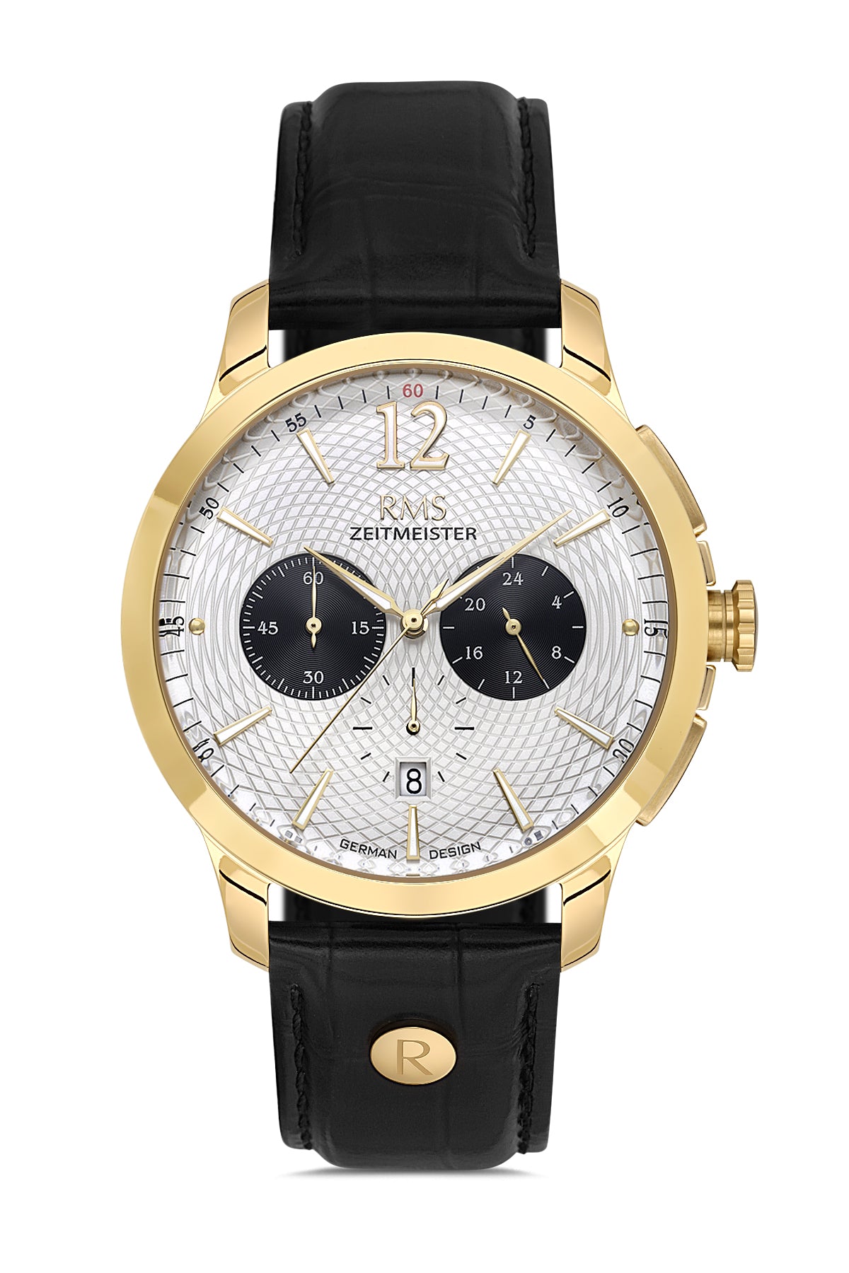 RMS Zeitmeister AG1259.170 men's chronograph watch with silver dial, gold-tone case and black genuine leather strap – front view