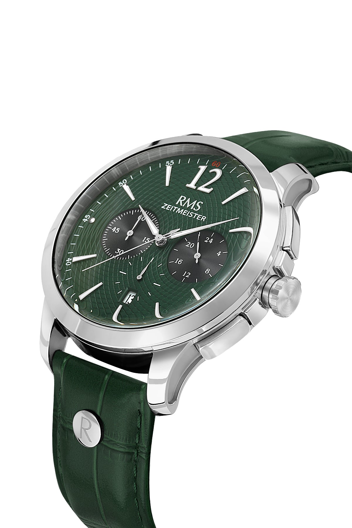 RMS Zeitmeister AG1259.1810 men's chronograph watch with green dial, silver-tone case and green genuine leather strap – angled view