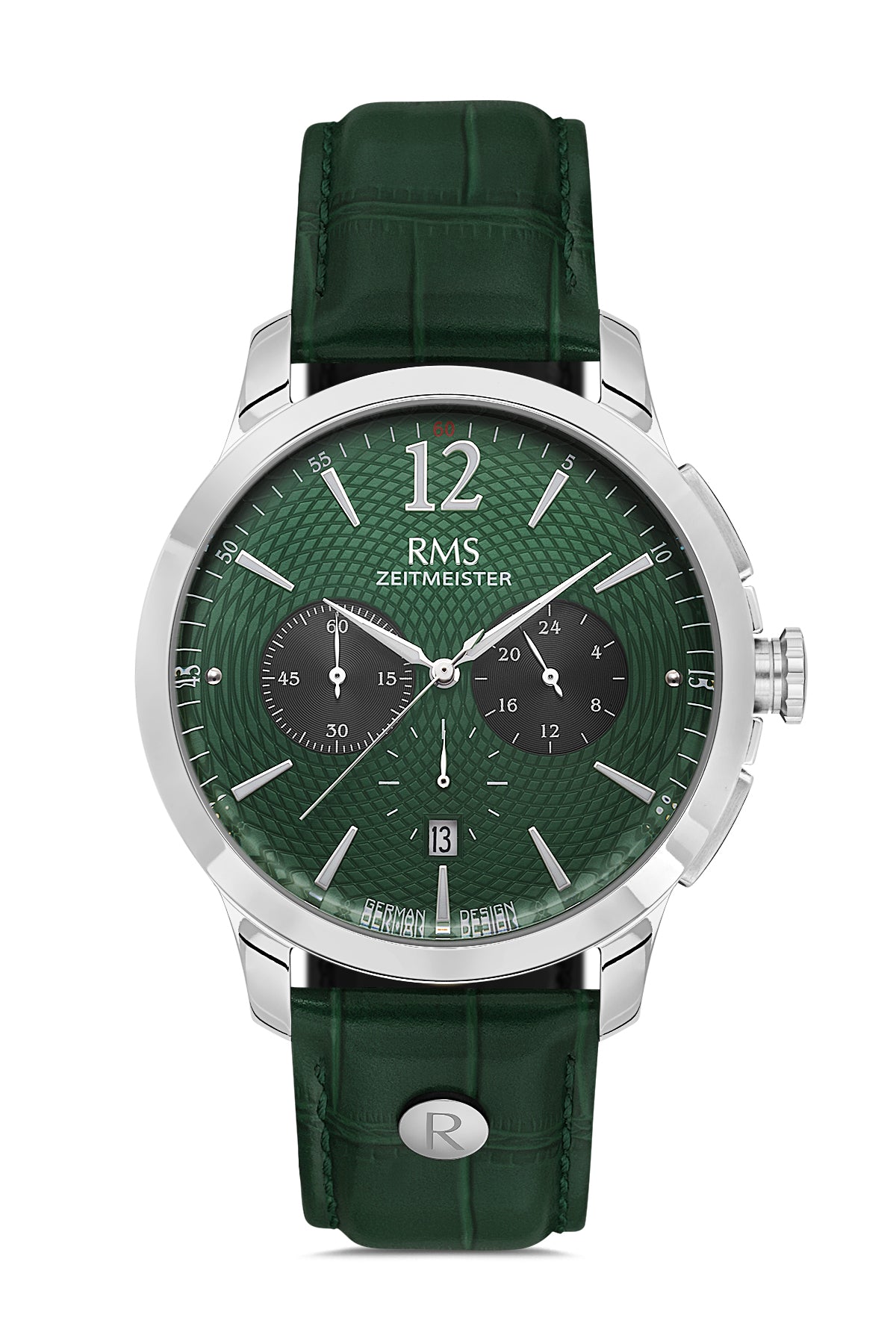 RMS Zeitmeister AG1259.1810 men's chronograph watch with green dial, silver-tone case and green genuine leather strap – front view