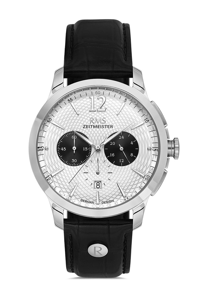RMS Zeitmeister AG1259.90 men's chronograph watch with silver dial, silver-tone case and black genuine leather strap – front view