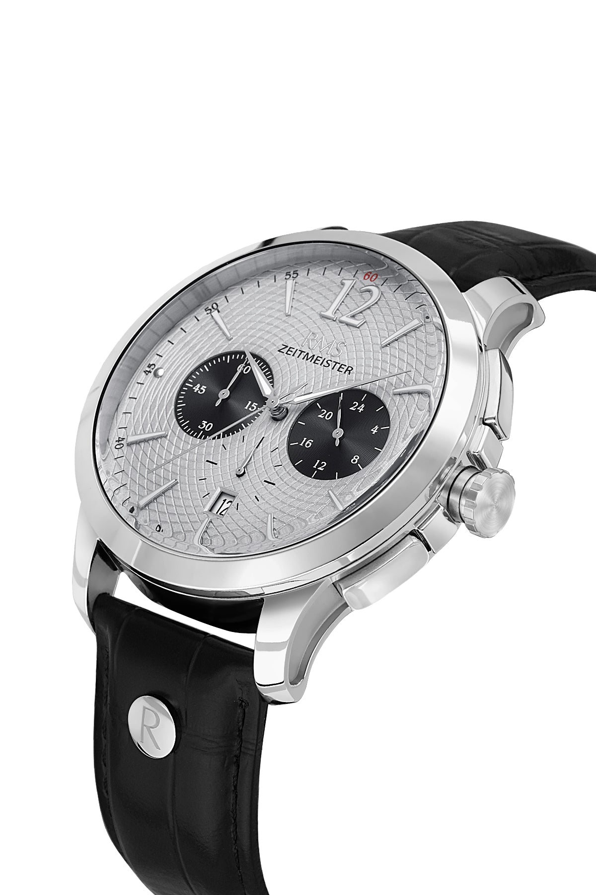 RMS Zeitmeister AG1259.915 men's chronograph watch with silver dial, silver-tone case and black genuine leather strap – angled view