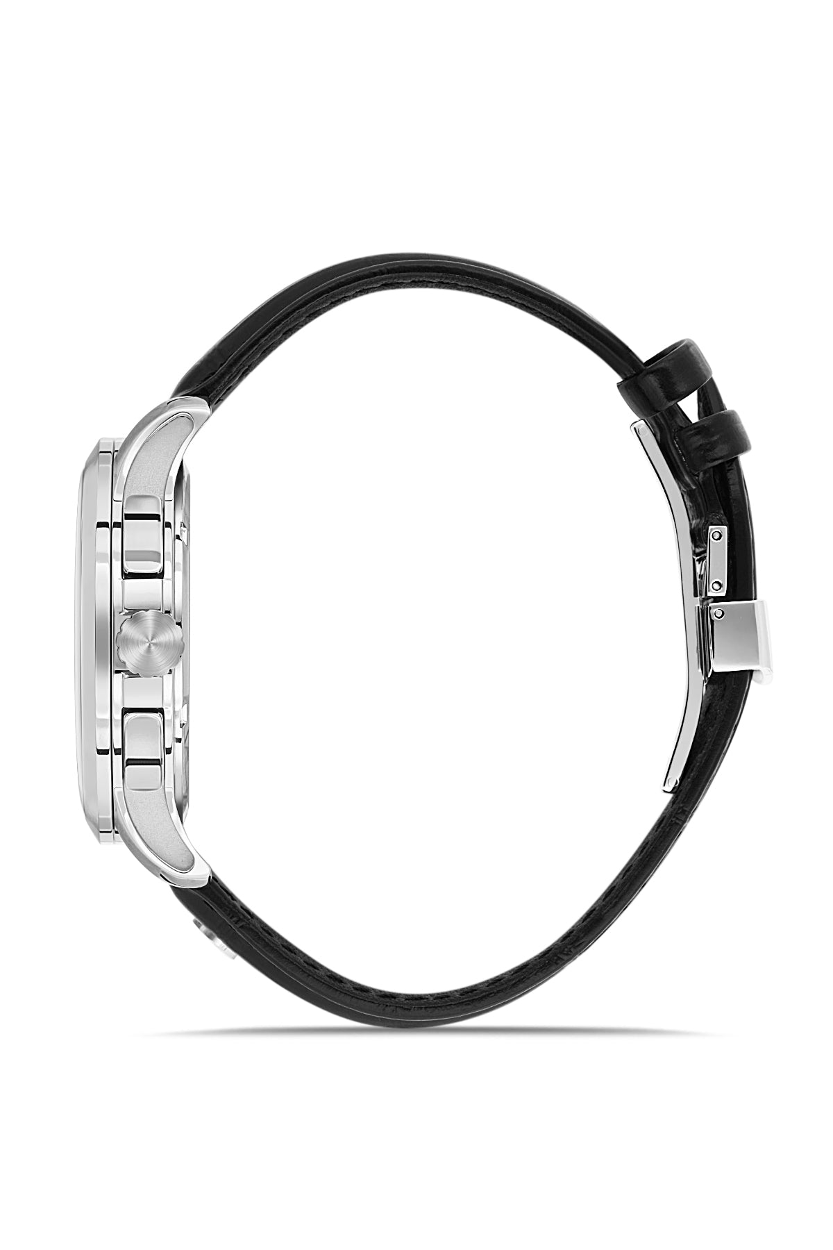 RMS Zeitmeister AG1259.915 men's chronograph watch with silver dial, silver-tone case and black genuine leather strap – side view