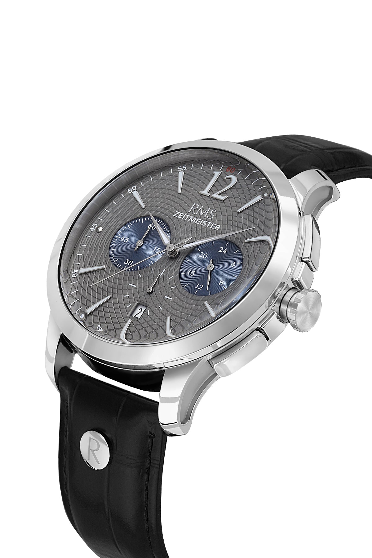RMS Zeitmeister AG1259.916 men's chronograph watch with gray dial, silver-tone case and black genuine leather strap – angled view