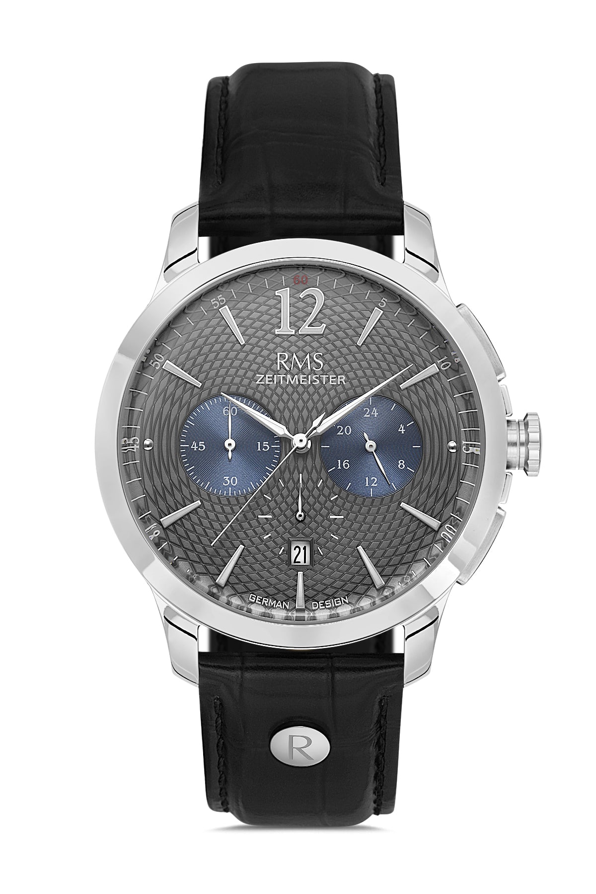 RMS Zeitmeister AG1259.916 men's chronograph watch with gray dial, silver-tone case and black genuine leather strap – front view