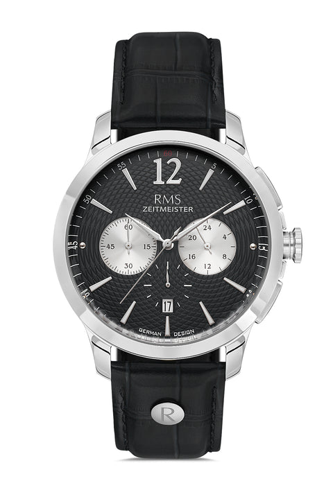 RMS Zeitmeister AG1259.92 men's chronograph watch with black dial, silver-tone case and black genuine leather strap – front view
