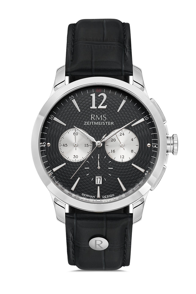 RMS Zeitmeister AG1259.92 men's chronograph watch with black dial, silver-tone case and black genuine leather strap – front view
