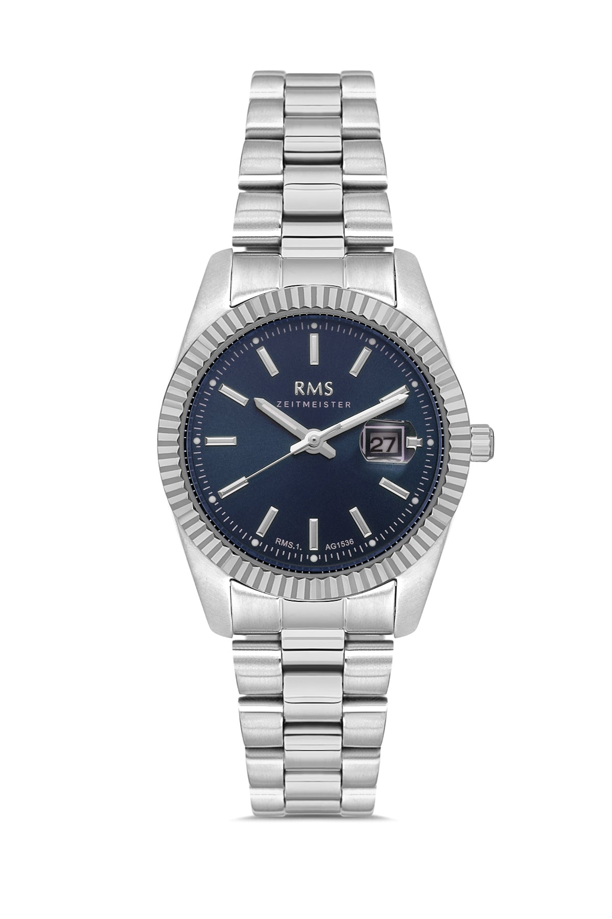 RMS Zeitmeister AG1536.02 women's watch with blue dial, silver-tone case and stainless steel bracelet – front view