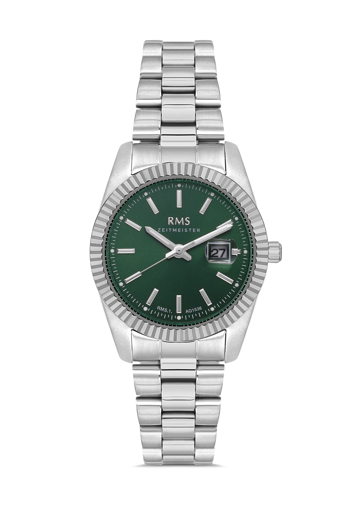 RMS Zeitmeister AG1536.03 women's watch with green dial, silver-tone case and stainless steel bracelet – front view