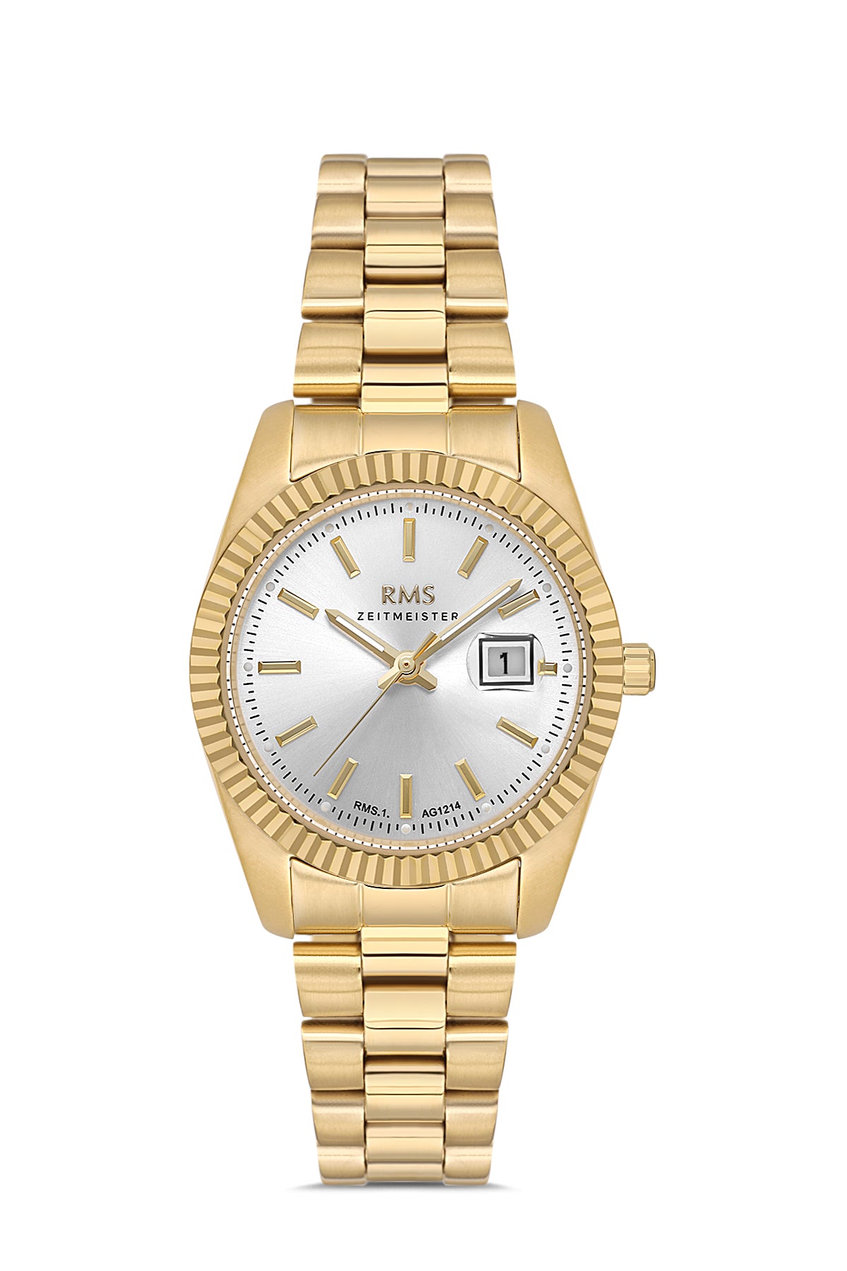 RMS Zeitmeister AG1536.05 women's watch with silver dial, gold-tone case and stainless steel bracelet – front view