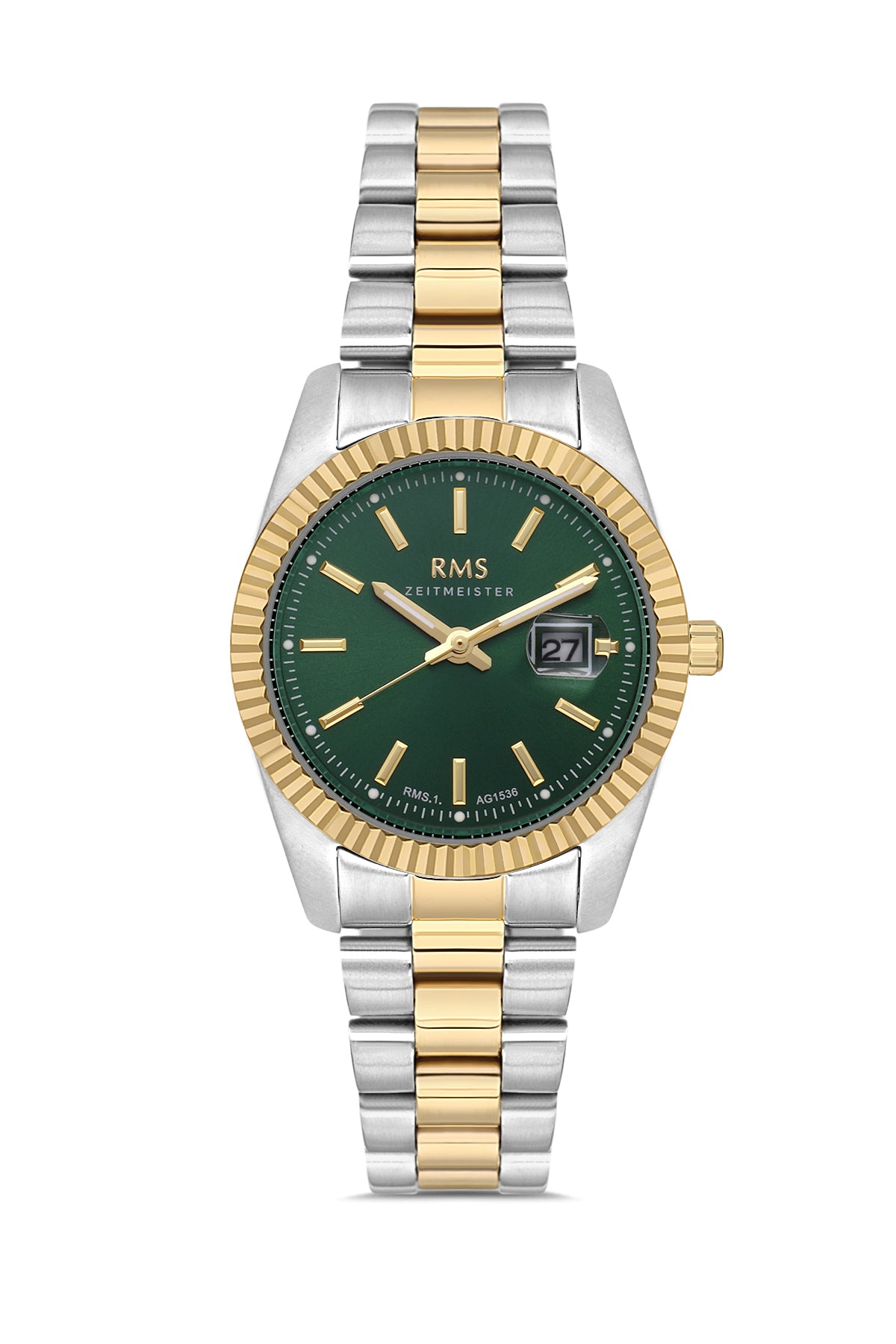RMS Zeitmeister AG1536.06 women's watch with green dial, two-tone case and stainless steel bracelet – front view