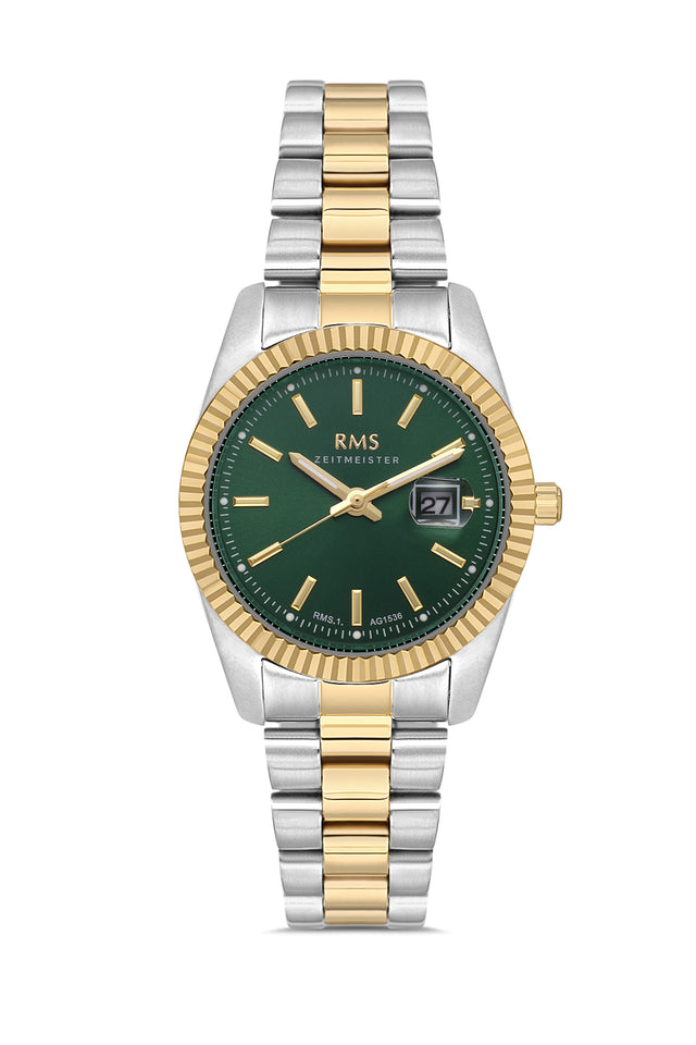 RMS Zeitmeister AG1536.06 women's watch with green dial, two-tone case and stainless steel bracelet – front view
