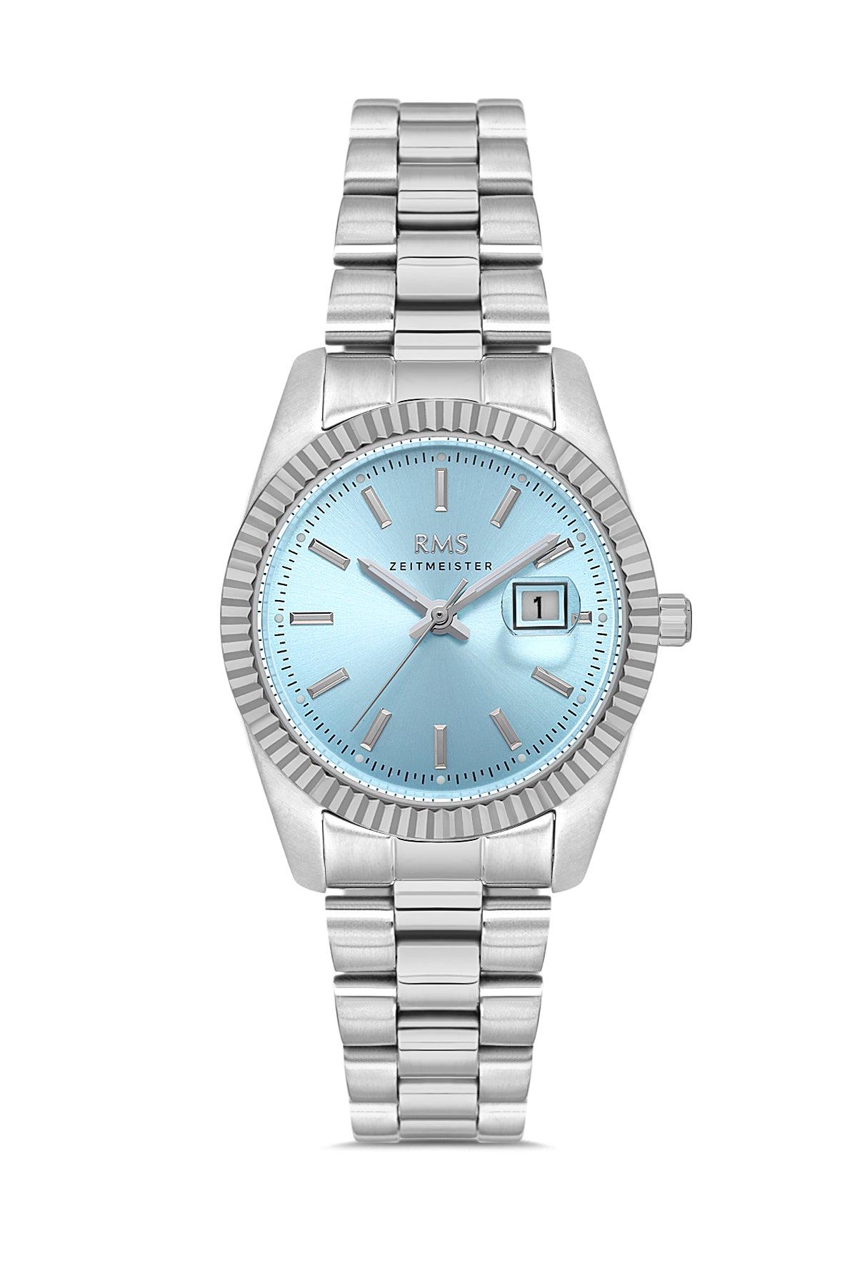 RMS Zeitmeister AG1536.09 women's watch with light blue dial, silver-tone case and stainless steel bracelet – front view