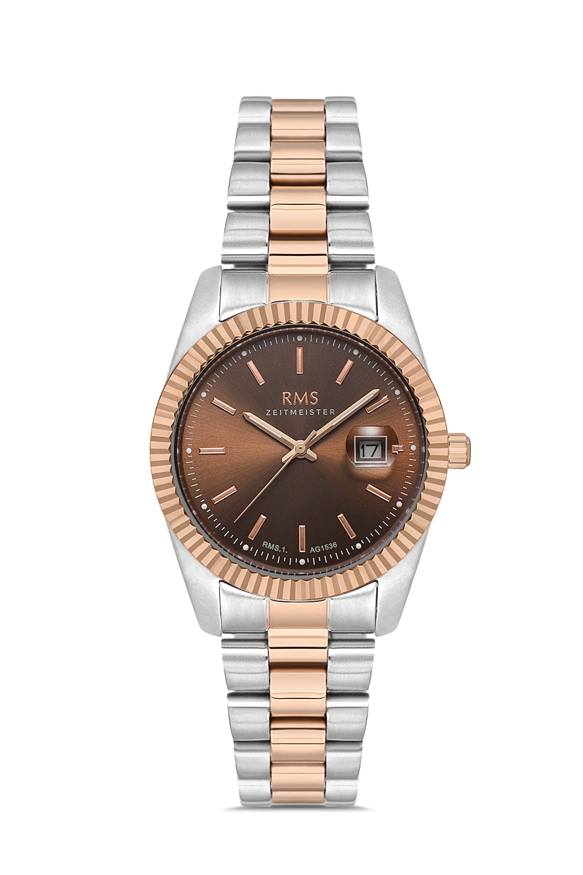 RMS Zeitmeister AG1536.10 women's watch with brown dial, two-tone rose gold case and stainless steel bracelet – front view