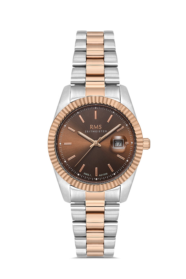 RMS Zeitmeister AG1536.10 women's watch with brown dial, two-tone rose gold case and stainless steel bracelet – front view